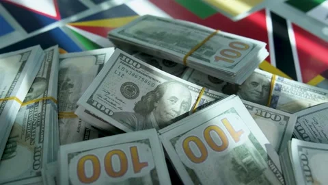Lots of Gold and Dollars on World Flags 스톡 동영상 210239381