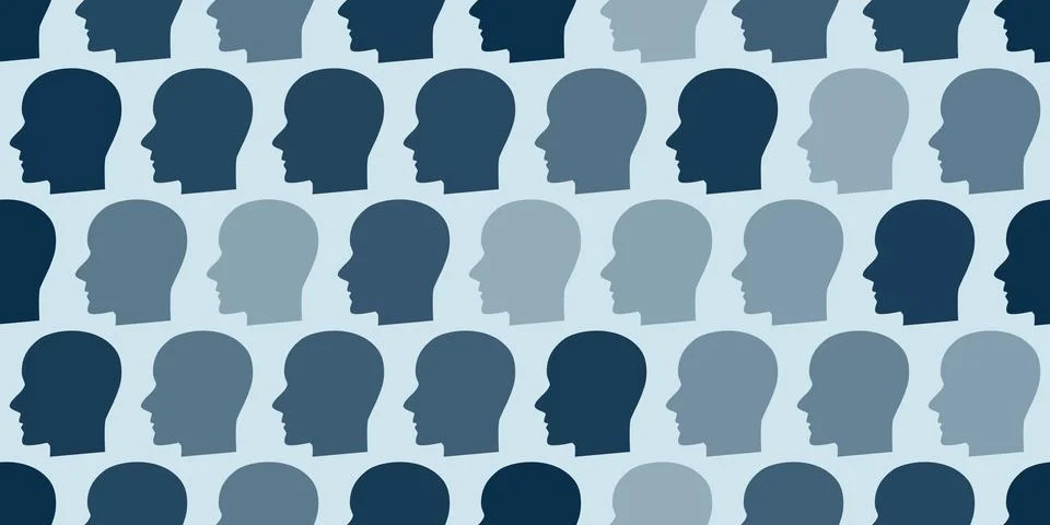 Lots of Human Heads Pattern Colored in Various Shades of Blue - Crowd of Pe.. Stock Illustration