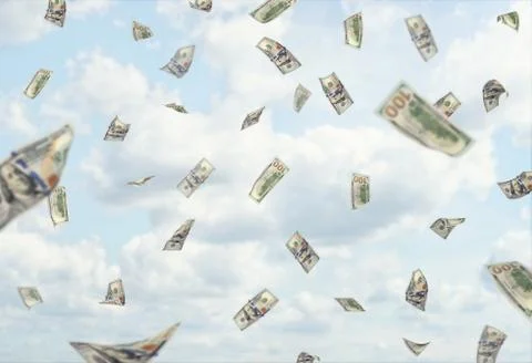 Lots of hundred dollars banknotes falling from the blue cloudy sky Stock Photos