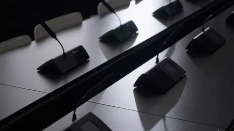 Lots of microphones on the tables. Stock Footage 242130622