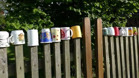 Lots of mugs and cups stuck upside down on the fence Stock Footage 130976844
