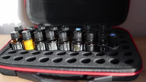 Lots of natural essential oils in a case Stock Footage 296997955