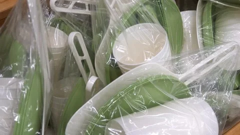 Lots of new disposable tableware close-up Stock Footage 288128439