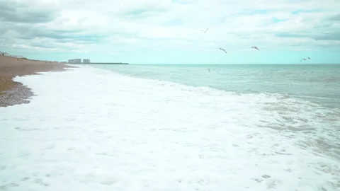 Lots of ocean waves with birds flying above the blue sea on a cloudy day. Stock Footage 134607743
