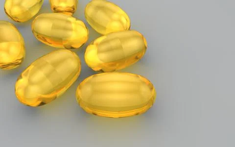 Lots of omega capsules, top view.Omega 3 acid, yellow gelatin capsule 3d Stock Illustration