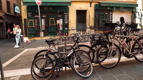 Lots of parked bikes on the street in Nice Video stock 198729280