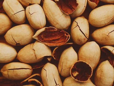 Lots of pecans and broken shells. A harvest of delicious nuts. Baking ingredi Stock Photos