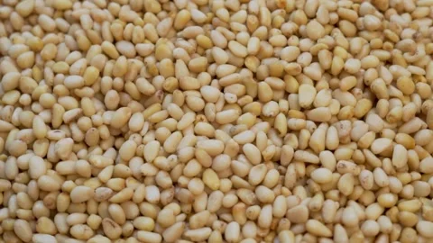 Lots of Peeled Pine Nuts, Close-up, Spinning, Top View. The Concept of Proper He Stock Footage 142874261