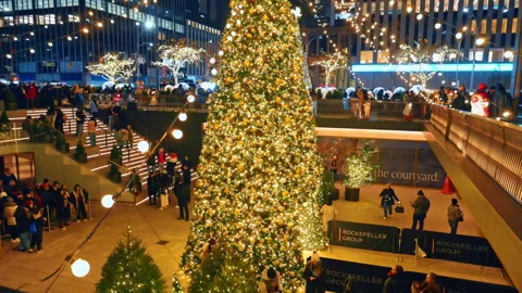 Lots of people gathered around the high beautifully decorated Christmas tree. Stock Footage 323308669