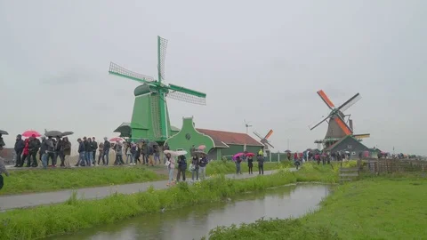 Lots of people visiting the spot in Zaanse Schans Stock Footage 79567862