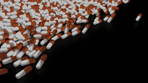 Lots of pills on black background. Design. A lot of 3d tablets are moving on Stock Illustration