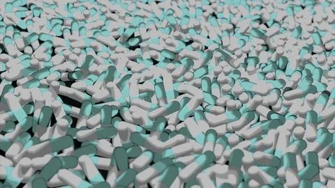 Lots of pills on black background. Design. A lot of 3d tablets are moving on Stock Illustration