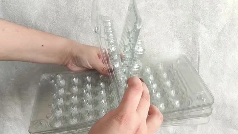 Lots of plastic trays for quail eggs in your hands Stockbeeldmateriaal 332409842