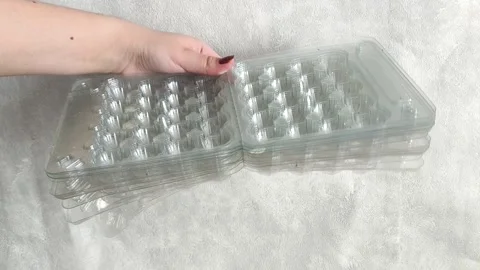 Lots of plastic trays for quail eggs in your hands Vídeos de archivo 332409857