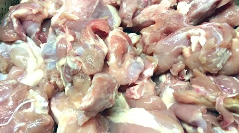 Lots of raw chicekn cubes, at a restaurant kitchen Stock Footage 57092942