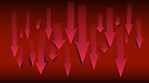 Lots of red arrows with shadows pointing down on dark red background. Stock Illustration