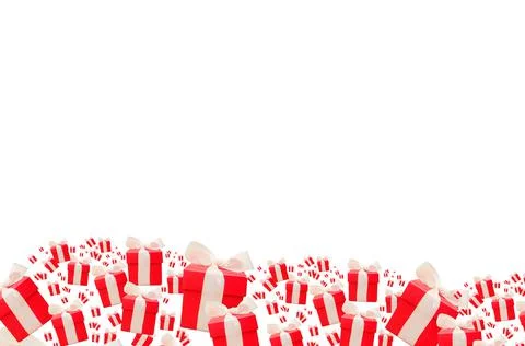 Lots of red gift boxes with white ribbon isolated on white background. Stock Photos