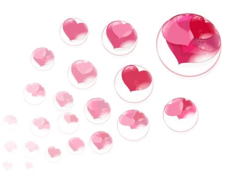 Lots of red hearts inside bubbles on white background soap bubble Illustrazione stock