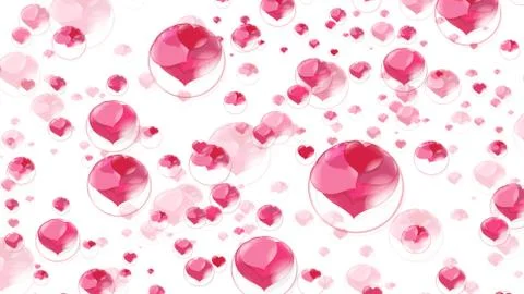 Lots of red hearts inside bubbles on white background soap bubble Stock Illustration