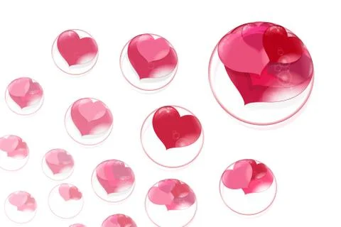 Lots of red hearts inside bubbles on white background soap bubble Stock Illustration