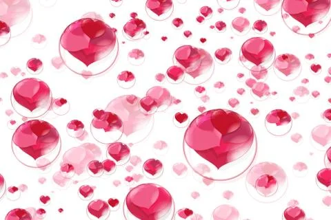 Lots of red hearts inside bubbles on white background soap bubble Illustrazione stock