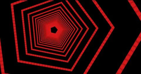 Lots of red pentagons, the camera pans in. Concept of 3d abstractions, tunnel Foto stock