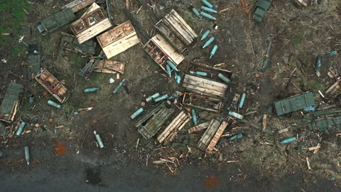 Lots of Russian shells lying in a Ukrainian city Stock Footage 200781312