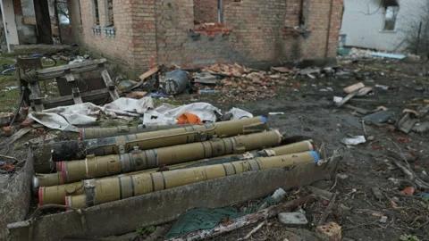 Lots of Russian shells lying in a Ukrainian city 動画素材 200915803