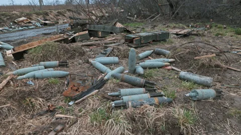 Lots of Russian shells lying in a Ukrainian city 動画素材 200916812