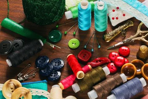 Lots of sewing  instruments and materials Stock Photos