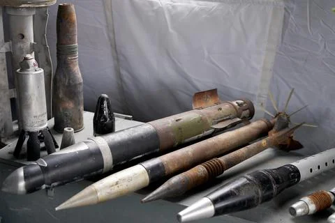 Lots of shells and rockets of war in Ukraine. Grenades, ATGMs, cruise missiles Stock Photos