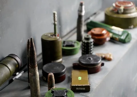 Lots of shells and rockets of war in Ukraine. Grenades, ATGMs, cruise missiles Stock Photos