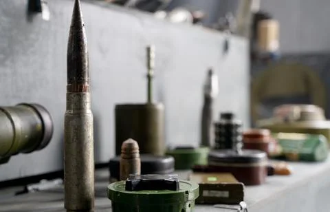 Lots of shells and rockets of war in Ukraine. Grenades, ATGMs, cruise missiles Stock Photos