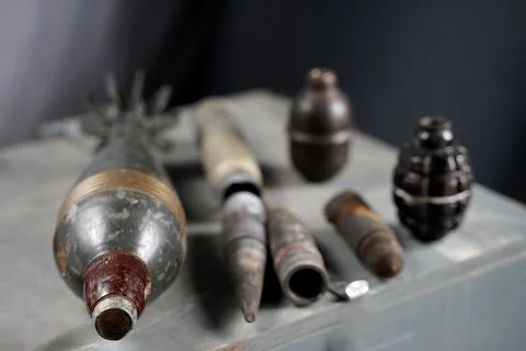 Lots of shells and rockets of war in Ukraine. Grenades, ATGMs, cruise missiles Stock Photos