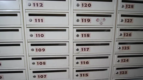 Lots Of Simple White Numbered Mailboxes Letterboxes. Messages Delivery Stock Footage 271628080
