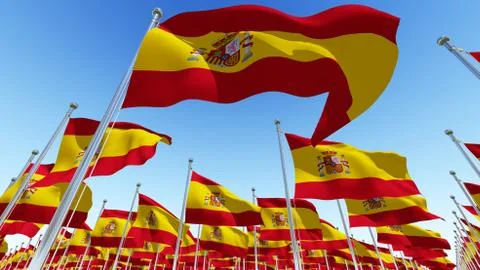 Lots of Spain flags fluttering in the wind Stock Illustration