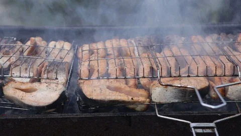 Lots of steaks from salmon Stock Footage 102323944