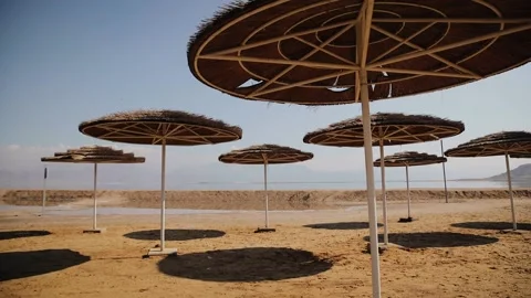 Lots of straw umbrellas on a sandy beach near Dead Sea, beach holidays in Israel Stock Footage 183395051