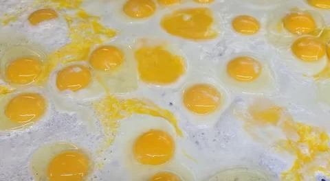 Lots of Sunny Side Up Fried Eggs Cooking at the grill Together For Breakfas.. Stock Photos