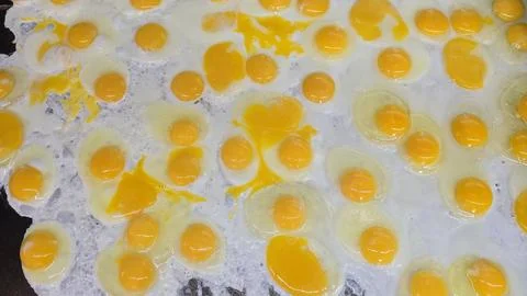 Lots of Sunny Side Up Fried Eggs Cooking at the grill Together For Breakfas.. Stock Photos