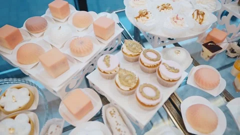Lots of sweet cakes on the buffet table Video stock 148158300