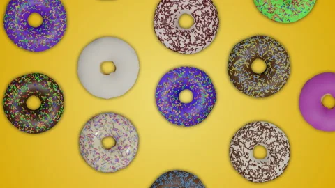 Lots of tasty donuts moving down on yellow abstract background animation Stock Footage 194538938