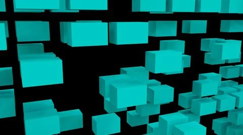 Lots of turquoise cubes flying in space. Beautiful abstraction.  Stock Illustration