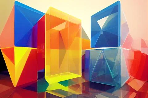 Lots of various cubes made of different materials. Translucent multicolor boxes. Illustrazione stock