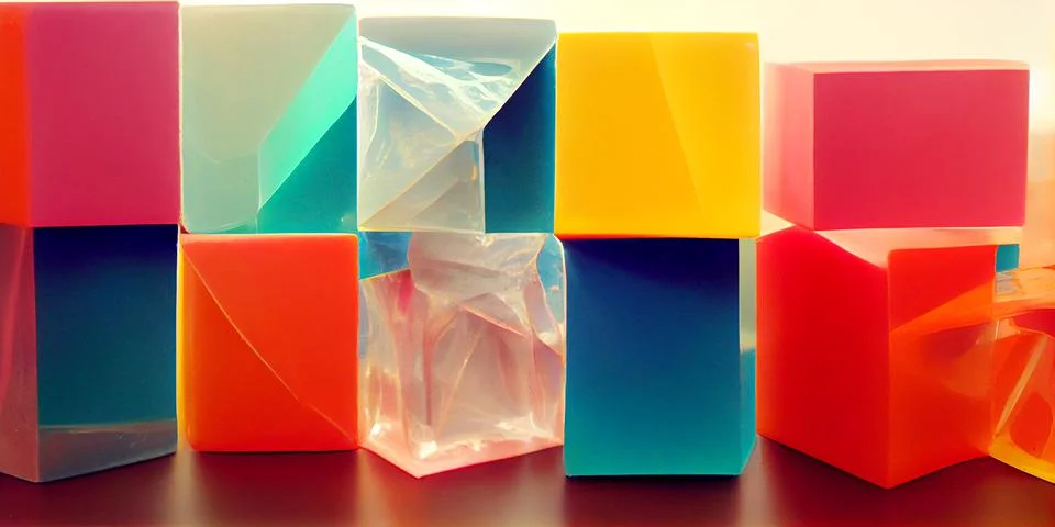 Lots of various cubes made of different materials. Translucent multicolor boxes. Illustrazione stock