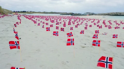 Lots of various Norway flags in rows on sandy beach, low angle, aerial Stock Footage 133850816