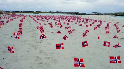 Lots of various Norway flags in rows on sandy beach, low angle, aerial Stock Footage 133850857