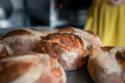 Lots of wheat bread on a table in a bakery Stock Photos