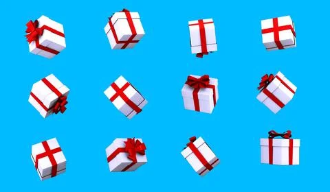 Lots white gift box with red bow isolated. 3d illustration of surprise box Stock Illustration