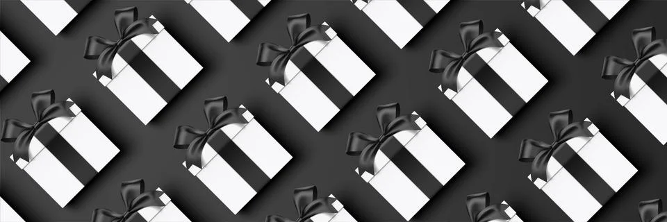 Lots of white gift boxes with black ribbons, lying down in a row on a horizontal Stock-Illustration